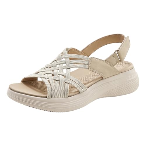 Yusealia Sandalen Damen Sommer Freizeit Flache Sandalette Bohemia Sandals Elastischer Bund Casual Elegant Strand Schuhe mit Klettverschluss Verstellbar Orthopädische Plateau Sandale von Yusealia