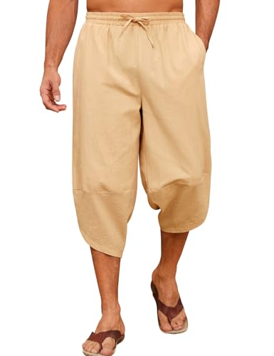 Yuson Girl 3/4 Hose Herren Leichte Sommerhose Loose Fit Sommer Strandhose Baumwolle Haremshose Herrenhosen Freizeithose mit Kordelzug und Taschen für Urlaub Yoga Alltag(Khaki, XXL) von Yuson Girl