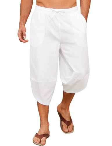 Yuson Girl 3/4 Hose Herren Leichte Sommerhose Loose Fit Sommer Strandhose Baumwolle Haremshose Herrenhosen Freizeithose mit Kordelzug und Taschen für Urlaub Yoga Alltag(Weiß, L) von Yuson Girl