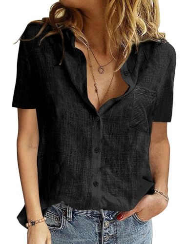 Yuson Girl Bluse Damen Sommer - Baumwolle Leinenbluse V-Ausschnitt Button-Down Hemdbluse Elegant Revers Kragen Blusehemd Einfarbig Bluse Kurzarm Basic Kurzärmeliges Shirt(Schwarz, M) von Yuson Girl