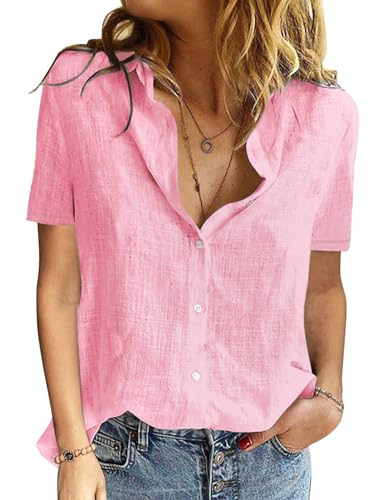 Yuson Girl Bluse Damen Sommer Baumwolle Leinenbluse V-Ausschnitt Button-Down Hemdbluse Elegant Revers Kragen Blusehemd Einfarbig Bluse Kurzarm Basic Kurzärmeliges Shirt (Rosa, S) von Yuson Girl