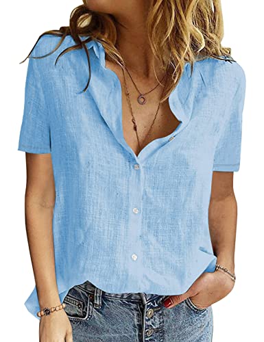 Yuson Girl Bluse Damen Sommer Baumwolle Leinenbluse V-Ausschnitt Button-Down Hemdbluse Elegant Revers Kragen Blusehemd Einfarbig Bluse Kurzarm Basic Kurzärmeliges Shirt (Blau, XL) von Yuson Girl