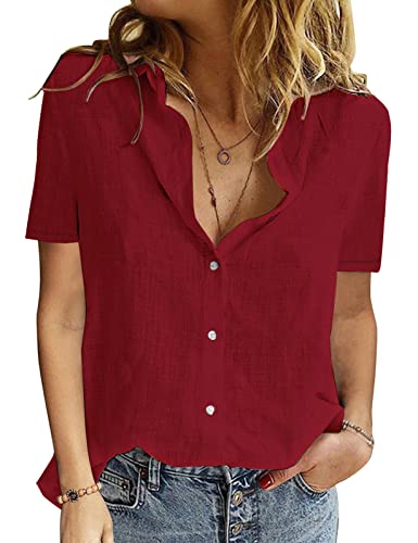 Yuson Girl Bluse Damen Sommer Baumwolle Leinenbluse V-Ausschnitt Button-Down Hemdbluse Elegant Revers Kragen Blusehemd Einfarbig Bluse Kurzarm Basic Kurzärmeliges Shirt (Burgundisch, XL) von Yuson Girl