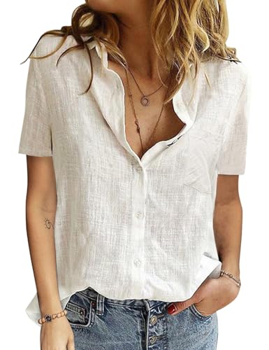 Yuson Girl Bluse Damen Sommer - Baumwolle Leinenbluse V-Ausschnitt Button-Down Hemdbluse Elegant Revers Kragen Blusehemd Einfarbig Bluse Kurzarm Basic Kurzärmeliges Shirt(Weiß, M) von Yuson Girl
