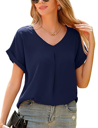 Yuson Girl Bluse Damen V-Ausschnitt Kurzarm Elegant Chiffon Bluse Einfarbig Oberteile Hemd Lässige Shirt Kurzarm Tops Tunika Damen Sommer Casual Musselin Bluse Damen Hemd(Navy, XXL) von Yuson Girl