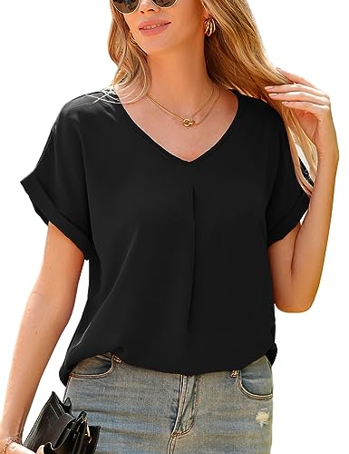 Yuson Girl Bluse Damen V-Ausschnitt Kurzarm Elegant Chiffon Bluse Einfarbig Oberteile Hemd Lässige Shirt Kurzarm Tops Tunika Damen Sommer Casual Musselin Bluse Damen Hemd(Schwarz, XL) von Yuson Girl