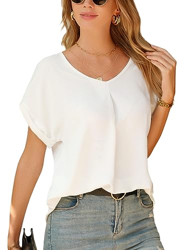 Yuson Girl Bluse Damen V-Ausschnitt Kurzarm Elegant Chiffon Bluse Einfarbig Oberteile Hemd Lässige Shirt Kurzarm Tops Tunika Damen Sommer Casual Musselin Bluse Damen Hemd(Weiß, XL) von Yuson Girl