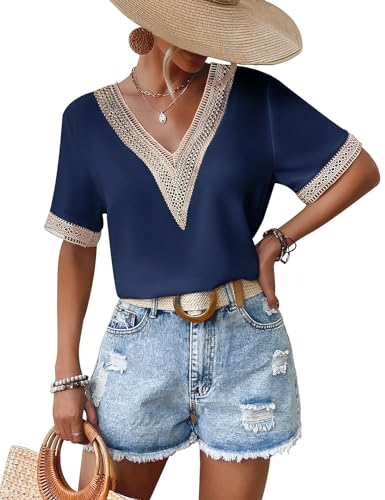 Yuson Girl Bluse Damen V-Ausschnitt Kurzarmblusen Elegant Sommerbluse Lässig Oberteile Spitzen Aushöhlen Hemd Einfarbig Musselin Bluse Casual Blusenshirt Damen Leicht und Luftig(Marineblau, M) von Yuson Girl
