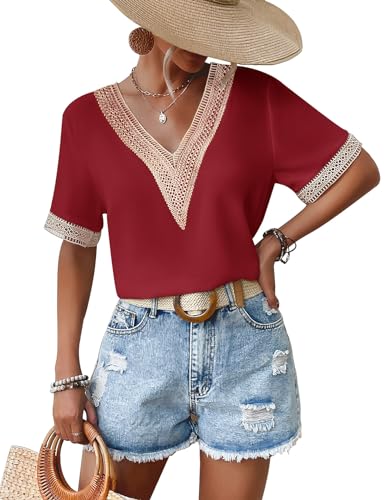 Yuson Girl Bluse Damen V-Ausschnitt Kurzarmblusen Elegant Sommerbluse Lässig Oberteile Spitzen Aushöhlen Hemd Einfarbig Musselin Bluse Casual Blusenshirt Damen Leicht und Luftig(Rot, L) von Yuson Girl
