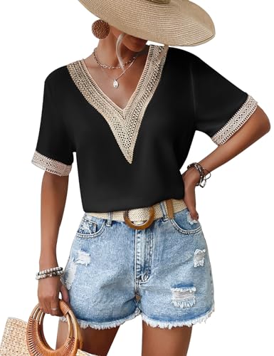 Yuson Girl Bluse Damen V-Ausschnitt Kurzarmblusen Elegant Sommerbluse Lässig Oberteile Spitzen Aushöhlen Hemd Einfarbig Musselin Bluse Casual Blusenshirt Damen Leicht und Luftig(Schwarz, XXL) von Yuson Girl