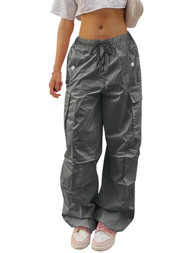 Yuson Girl Cargohose Damen Baggy -Y2K Track Pants Hip Hop Parachute Pants Low-Taille Streetwear Vintage Lang Freizeithose Weite Fallschirm Hose 90er mit Taschen, Kordelzug(Grau-2, M) von Yuson Girl