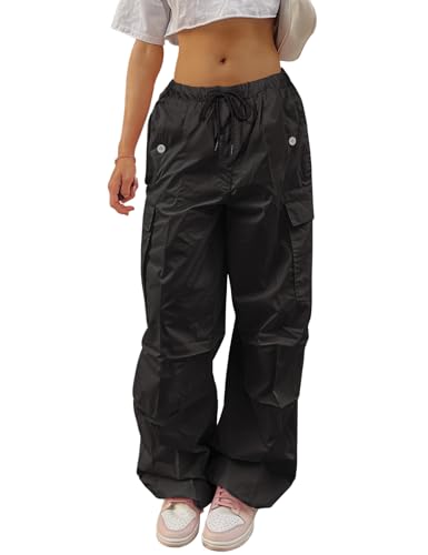 Yuson Girl Cargohose Damen Baggy -Y2K Track Pants Hip Hop Parachute Pants Low-Taille Streetwear Vintage Lang Freizeithose Weite Fallschirm Hose 90er mit Taschen, Kordelzug(Schwarz-2, XL) von Yuson Girl