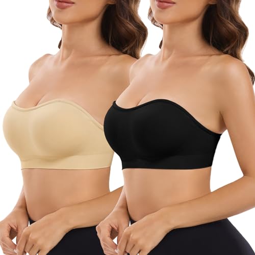 Yuson Girl Damen Bandeau Trägerloser BH Ohne Träger Gepolstert Bralette Strapless Bra Seamless Trägerlos Vollem Halt Rutschfester Bandeau BH Tube Top BH mit Transparenten Trägern(Schwarz+Beige, M) von Yuson Girl