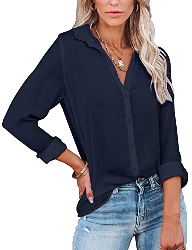 Yuson Girl Damen Bluse V-Ausschnitt Hemd Langarm Elegant Casual Lässige Oberteile Einfarbig Langarmshirt Revers Hemdbluse mit Knöpfen Tops(Dunkelblau, M) von Yuson Girl