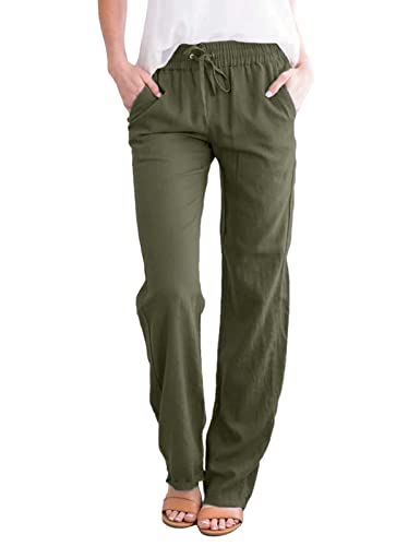 Yuson Girl Damen Freizeit Hose,Sommerhose mit Kordelzug und Taschen,Elegant Baumwolle Leinenhose,Casual Einfarbig Freizeithose für Reisen Casual Daily Outing(Grün, L) von Yuson Girl