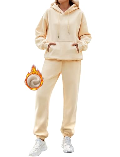 Yuson Girl Damen Jogginganzug Fleece Hausanzug Zweiteiler Outfit, 2 Teilig Jogger Trainingsanzug mit Hoodie und Jogginghose, Baumwolle Freizeitanzug Tracksuit Warm Sportkleidung Set(Aprikot, L) von Yuson Girl