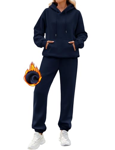 Yuson Girl Damen Jogginganzug Fleece Hausanzug Zweiteiler Outfit, 2 Teilig Jogger Trainingsanzug mit Hoodie und Jogginghose, Baumwolle Freizeitanzug Tracksuit Warm Sportkleidung Set(Dunkelblau, L) von Yuson Girl
