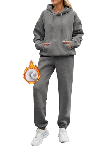Yuson Girl Damen Jogginganzug Fleece Hausanzug Zweiteiler Outfit, 2 Teilig Jogger Trainingsanzug mit Hoodie und Jogginghose, Baumwolle Freizeitanzug Tracksuit Warm Sportkleidung Set(Dunkelgrau, M) von Yuson Girl