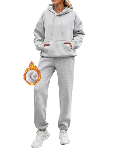 Yuson Girl Damen Jogginganzug Fleece Hausanzug Zweiteiler Outfit, 2 Teilig Jogger Trainingsanzug mit Hoodie und Jogginghose, Baumwolle Freizeitanzug Tracksuit Warm Sportkleidung Set(Hellgrau, M) von Yuson Girl