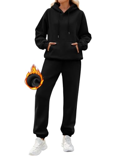 Yuson Girl Damen Jogginganzug Fleece Hausanzug Zweiteiler Outfit, 2 Teilig Jogger Trainingsanzug mit Hoodie und Jogginghose, Baumwolle Freizeitanzug Tracksuit Warm Sportkleidung Set(Schwarz, XL) von Yuson Girl
