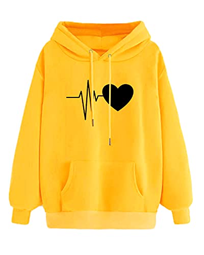 Yuson Girl Damen Kapuzenpullover Sweatjacke Frauen Herz Druck Hoodie Sweatshirt Pullover Oberteile Langarmshirt Mode-Bequem-Casual Pulli mit Kordel und Taschen für Herbst Winter Frühling(Gelb, L) von Yuson Girl