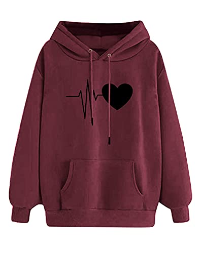Yuson Girl Damen Kapuzenpullover Sweatjacke Frauen Herz Druck Hoodie Sweatshirt Pullover Oberteile Langarmshirt Mode-Bequem-Casual Pulli mit Kordel und Taschen für Herbst Winter Frühling(Rot, M) von Yuson Girl