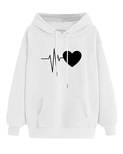Yuson Girl Damen Kapuzenpullover Sweatjacke Frauen Herz Druck Hoodie Sweatshirt Pullover Oberteile Langarmshirt Mode-Bequem-Casual Pulli mit Kordel und Taschen für Herbst Winter Frühling(Weiß, L) von Yuson Girl