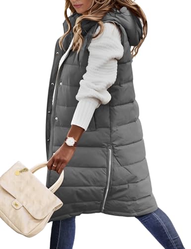 Yuson Girl Damen Lange Jacke Weste Ärmellose Kapuzenweste Steppweste Lang Winteroberbekleidung Reißverschluss Mantel Outdoor Winterjacke Grau L von Yuson Girl