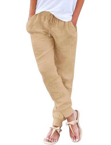 Yuson Girl Damen Leinenhose Sommer Hose Straight Leg Leinen Hose Elastisch Strandhose Leichte Casual Lose Sommerhose Freizeithose mit Kordelzug Taschen für Reisen Daily Outing(Khaki, XXL) von Yuson Girl