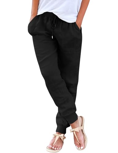 Yuson Girl Damen Leinenhose Sommer Hose Straight Leg Leinen Hose Elastisch Strandhose Leichte Casual Lose Sommerhose Freizeithose mit Kordelzug Taschen für Reisen Daily Outing(Schwarz, XXL) von Yuson Girl