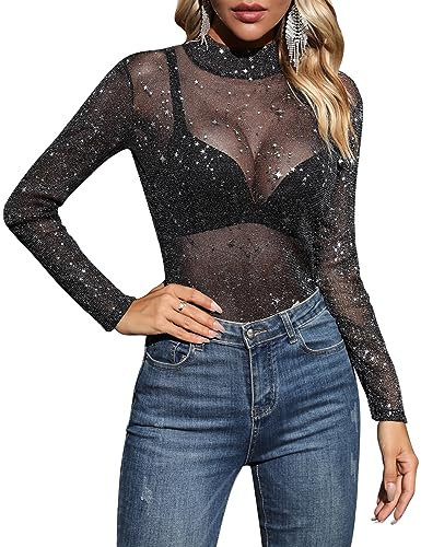 Yuson Girl Damen Netz Oberteil Transparentes Modisches Netzshirt Sexy Langarmshirt Mesh Oberteile Glitzer-Top High Stretch Slim Netzstoff Shirt Casual Clubwear Party Tops Schwarz S-XL(A, M) von Yuson Girl