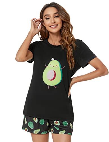 Yuson Girl Damen Pyjamas Zweiteiliger Schlafanzug Bequem Stilvoll Avocado Katzen Bananen Druck Cartoon gedruckt Nachtwäsche (A, S) von Yuson Girl