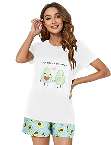 Yuson Girl Damen Pyjamas Zweiteiliger Schlafanzug Bequem Stilvoll Avocado Katzen Bananen Druck Cartoon gedruckt Nachtwäsche (B, L) von Yuson Girl