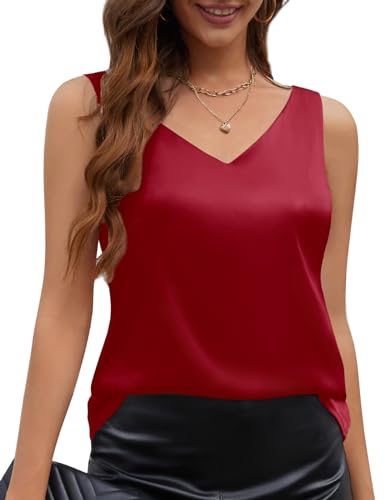 Yuson Girl Damen Satin Tank Top Sommer Strap Basic Cami Lässige Weste V-Ausschnitt Blusentop Ärmellos Camisole Unifarben Tank Bluse Shirt(Rot, L) von Yuson Girl