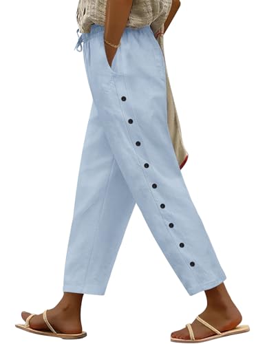 Yuson Girl Damen Sommerhose, Damen Sommer 7/8 Cropped Weites Bein Hosen Elastisch Taille Baumwolle Lässig Hose Leichte Boho Strandhose Mit Taschen und Dekorative Knöpfe Bequeme Stoffhose(Blau, XXL) von Yuson Girl