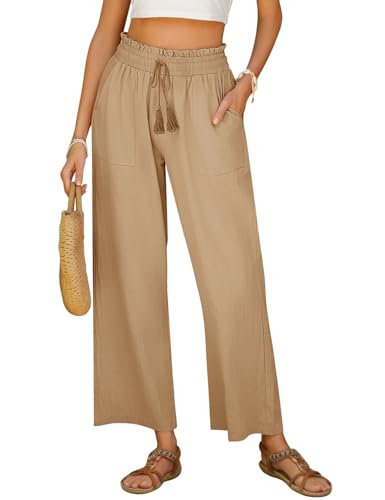 Yuson Girl Damen Sommerhose, Leicht Freizeithose Frauen, Leinenhose Damen Casual,Elegant Baumwolle Hose, Hohe Taille Pants,Lange Lose Strandhosen mit Kordelzug und Taschen(Khaki, L) von Yuson Girl