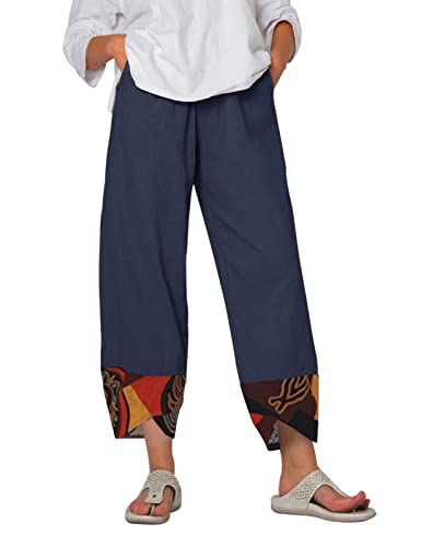 Yuson Girl Damen Sommerhose, Leinenhose Damen Sommer 7/8, Freizeithose Stoffhose, Capris Hose Baumwolle Lässig Hose, High Waist Yogahose, Elastische Taille Leinen Hosen Mit Taschen(A, M) von Yuson Girl