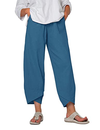 Yuson Girl Damen Sommerhose, Leinenhose Damen Sommer 7/8, Freizeithose Stoffhose, Capris Hose Baumwolle Lässig Hose, High Waist Yogahose, Elastische Taille Leinen Hosen Mit Taschen(Blau, XL) von Yuson Girl