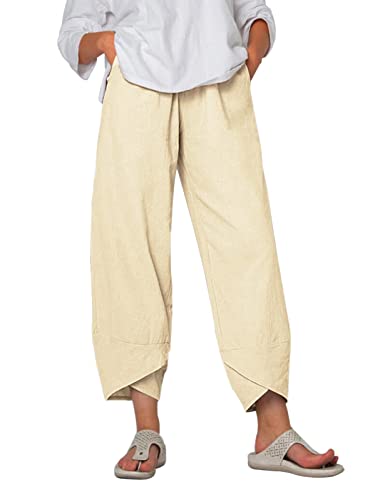 Yuson Girl Damen Sommerhose, Leinenhose Damen Sommer 7/8, Freizeithose Stoffhose, Capris Hose Baumwolle Lässig Hose, High Waist Yogahose, Elastische Taille Leinen Hosen Mit Taschen(Helles Khaki, XL) von Yuson Girl