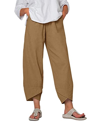 Yuson Girl Damen Sommerhose, Leinenhose Damen Sommer 7/8, Freizeithose Stoffhose, Capris Hose Baumwolle Lässig Hose, High Waist Yogahose, Elastische Taille Leinen Hosen Mit Taschen(Khaki, L) von Yuson Girl