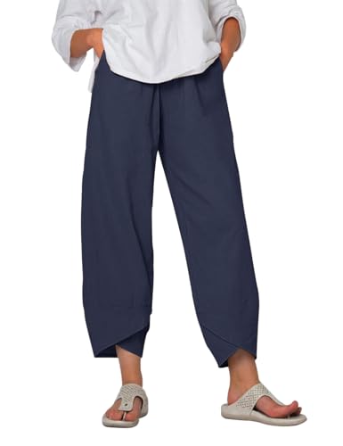 Yuson Girl Damen Sommerhose, Leinenhose Damen Sommer 7/8, Freizeithose Stoffhose, Capris Hose Baumwolle Lässig Hose, High Waist Yogahose, Elastische Taille Leinen Hosen Mit Taschen(Marineblau, S) von Yuson Girl