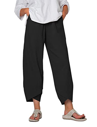 Yuson Girl Damen Sommerhose, Leinenhose Damen Sommer 7/8, Freizeithose Stoffhose, Capris Hose Baumwolle Lässig Hose, High Waist Yogahose, Elastische Taille Leinen Hosen Mit Taschen(Schwarz, M) von Yuson Girl