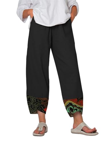 Yuson Girl Damen Sommerhose, Leinenhose Damen Sommer 7/8, Freizeithose Stoffhose, Capris Hose Baumwolle Lässig Hose, High Waist Yogahose, Elastische Taille Leinen Hosen Mit Taschen(Schwarz-1, L) von Yuson Girl