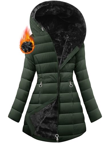 Yuson Girl Damen Winterjacke Winterparka Lang Steppmantel Fleece Gefüttert Mantel Herbst Winter Dicker Warm Parka mit Fell Wasserdicht Outdoor Jacke Elegant Parka mit Tasche(Armeegrün, L) von Yuson Girl
