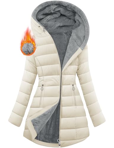 Yuson Girl Damen Winterjacke Winterparka Lang Steppmantel Fleece Gefüttert Mantel Herbst Winter Dicker Warm Parka mit Fell Wasserdicht Outdoor Jacke Elegant Parka mit Tasche(Beige, XXL) von Yuson Girl