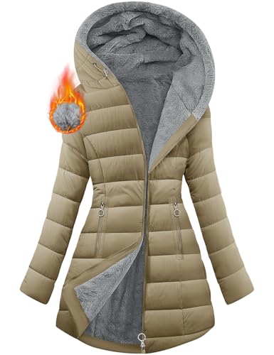 Yuson Girl Damen Winterjacke Winterparka Lang Steppmantel Fleece Gefüttert Mantel Herbst Winter Dicker Warm Parka mit Fell Wasserdicht Outdoor Jacke Elegant Parka mit Tasche(Khaki, S) von Yuson Girl