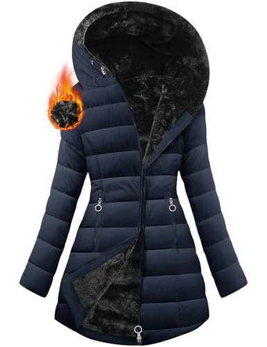 Yuson Girl Damen Winterjacke Winterparka Lang Steppmantel Fleece Gefüttert Mantel Herbst Winter Dicker Warm Parka mit Fell Wasserdicht Outdoor Jacke Elegant Parka mit Tasche(Marineblau, L) von Yuson Girl