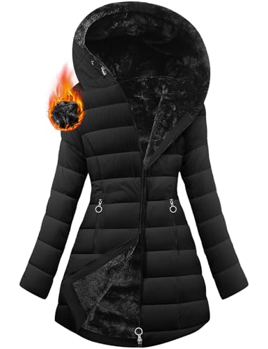 Yuson Girl Damen Winterjacke Winterparka Lang Steppmantel Fleece Gefüttert Mantel Herbst Winter Dicker Warm Parka mit Fell Wasserdicht Outdoor Jacke Elegant Parka mit Tasche(Schwarz, XXL) von Yuson Girl