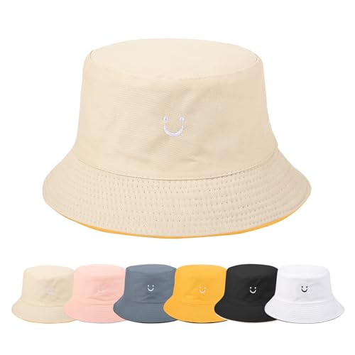 Yuson Girl Fischerhüte Bucket Hat Herren Damen Sommerhut Smile Bestickte Sonnenhut Unisex Reversibe Anglerhut Baumwolle Druck Mütze Outdoor Hüte Sommer Draussenhut Strandhut (Beige& Gelb) von Yuson Girl