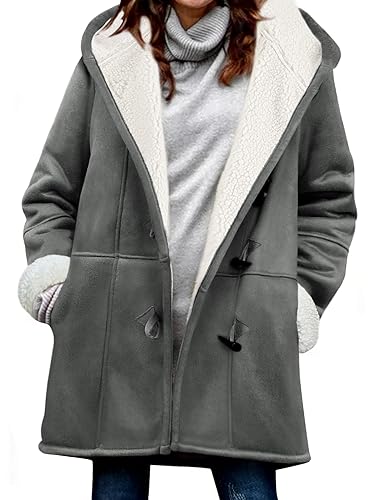 Yuson Girl Winterjacke Damen Lang Wintermantel Wildleder Fleecejacke Lose Winterparka Winter Warm Cardigan Outwear Einfarbig Kapuzenjacke mit Kapuze und Seitentaschen(Dunkelgrau, M) von Yuson Girl